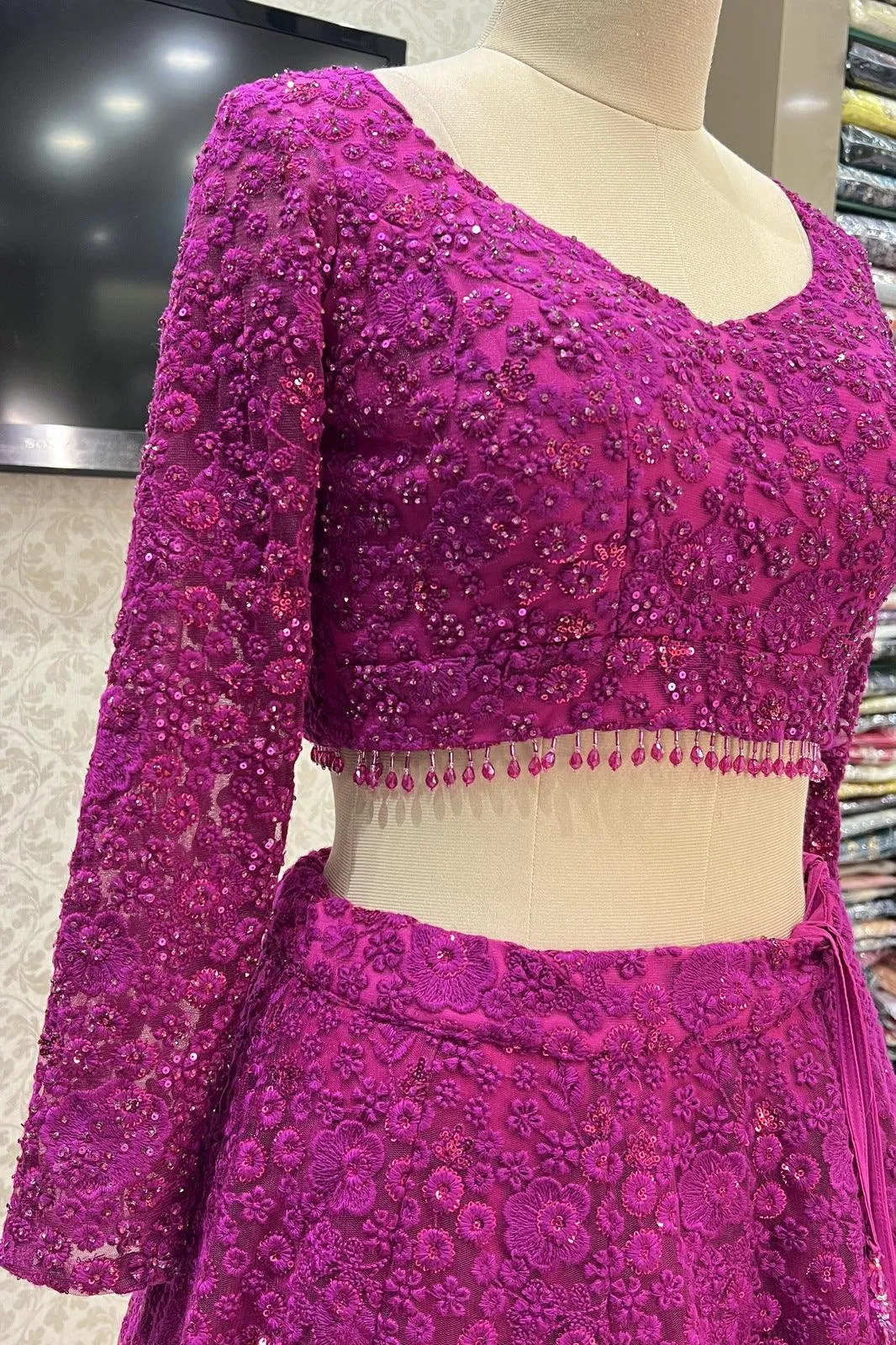 Magenta Embroidery, Sequins and Stone work Crop Top Lehenga