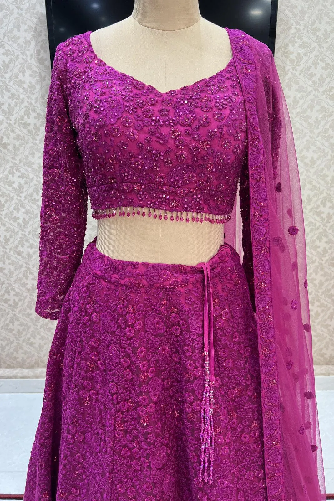 Magenta Embroidery, Sequins and Stone work Crop Top Lehenga