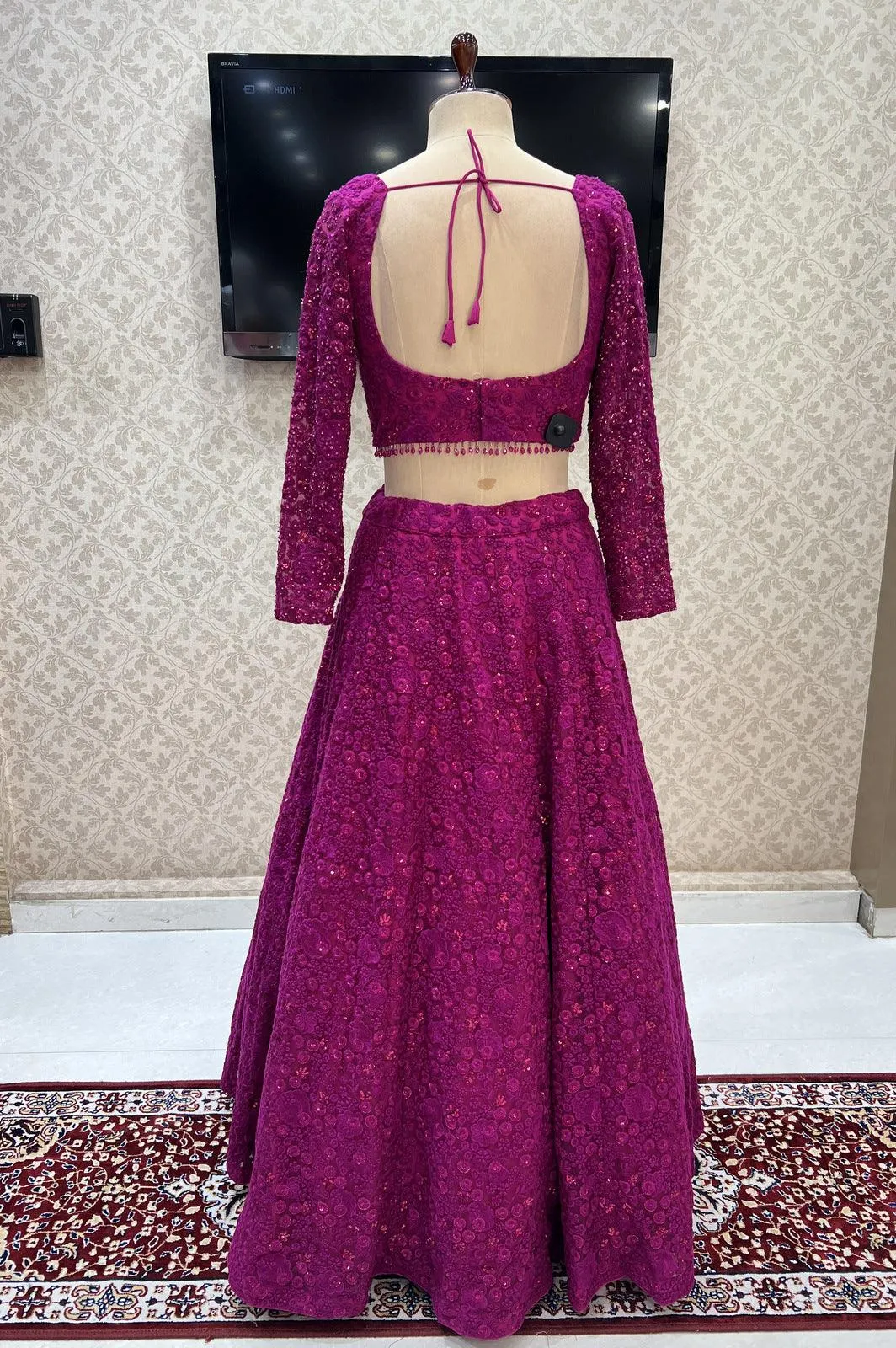 Magenta Embroidery, Sequins and Stone work Crop Top Lehenga