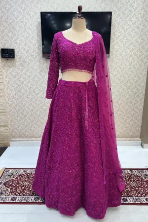 Magenta Embroidery, Sequins and Stone work Crop Top Lehenga