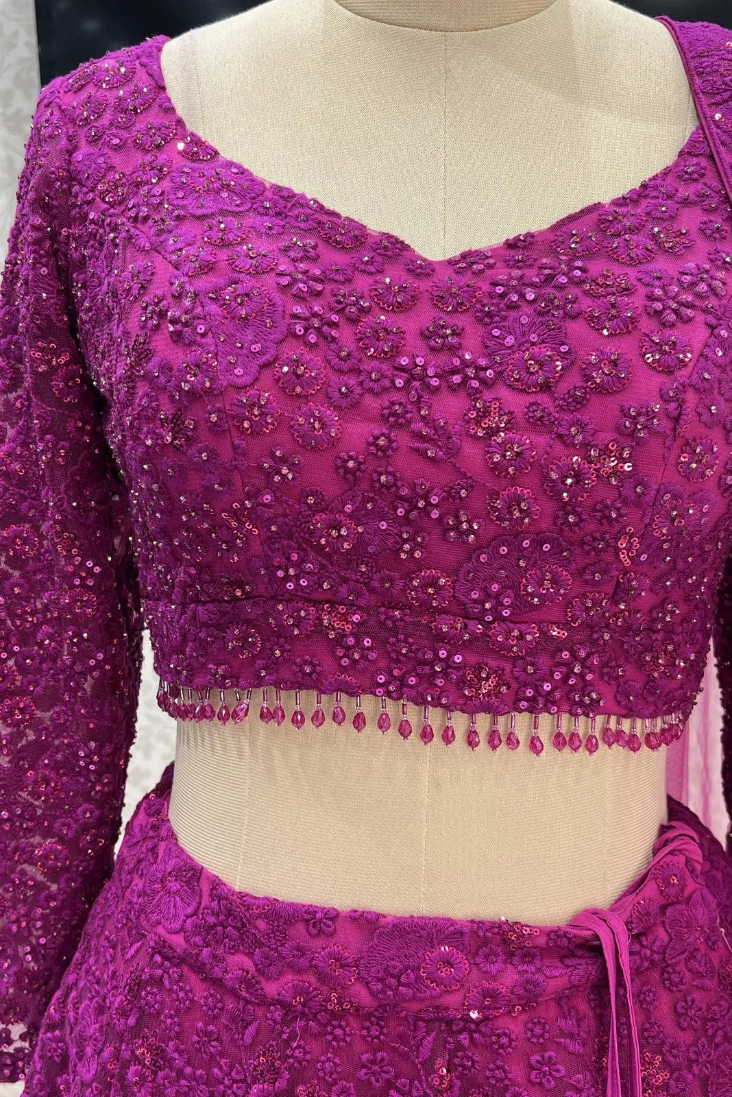 Magenta Embroidery, Sequins and Stone work Crop Top Lehenga