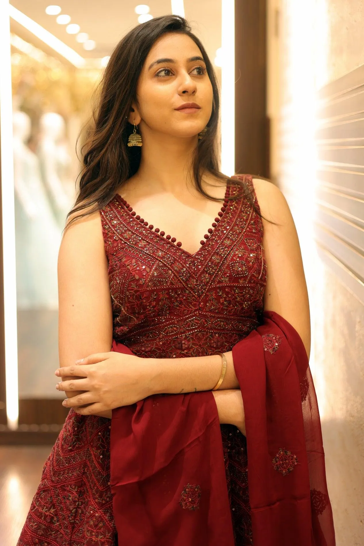 Maroon Thread, Beads and Sequins work Peplum Style Lehenga