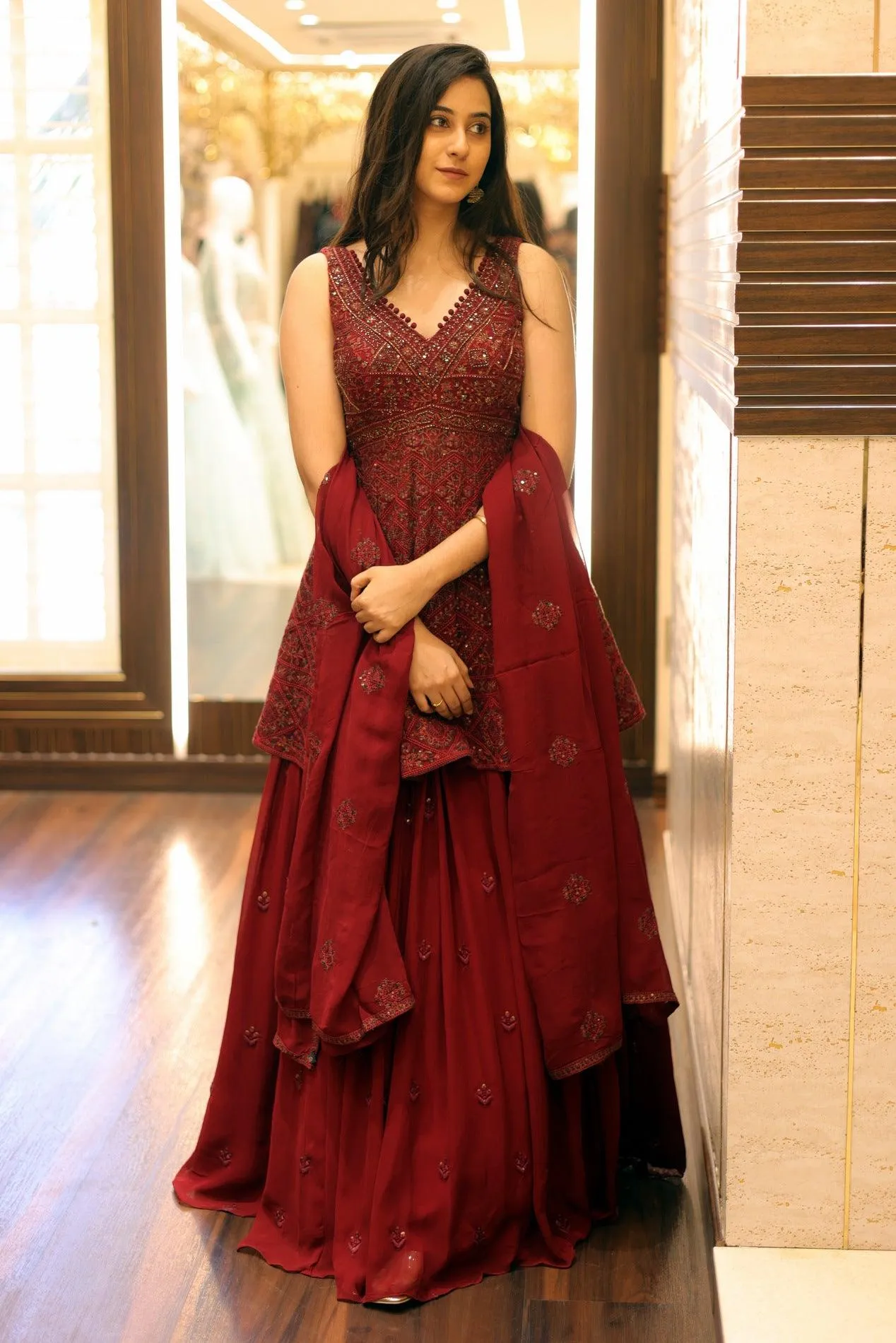 Maroon Thread, Beads and Sequins work Peplum Style Lehenga