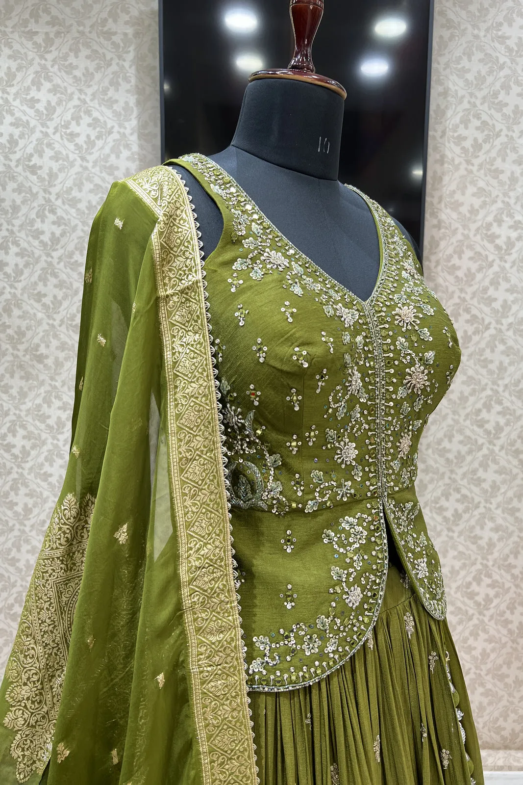 Mehendi Green Sequins, Beads, Mirror, Banaras and Stone work Peplum Style Lehenga