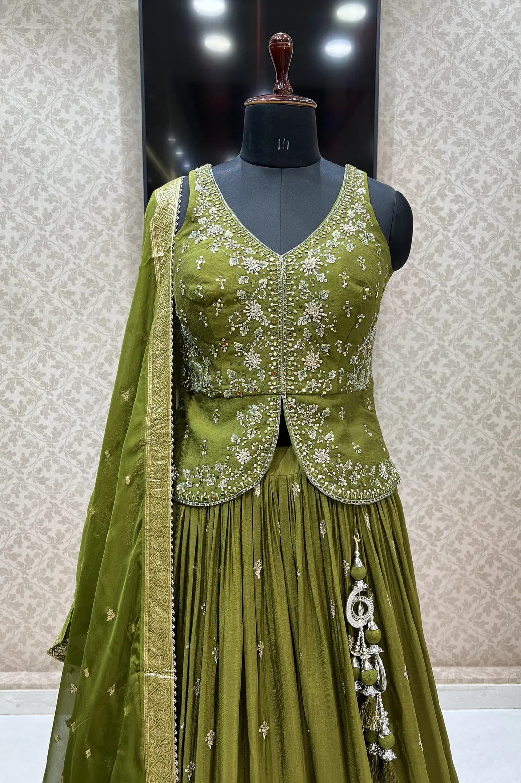 Mehendi Green Sequins, Beads, Mirror, Banaras and Stone work Peplum Style Lehenga