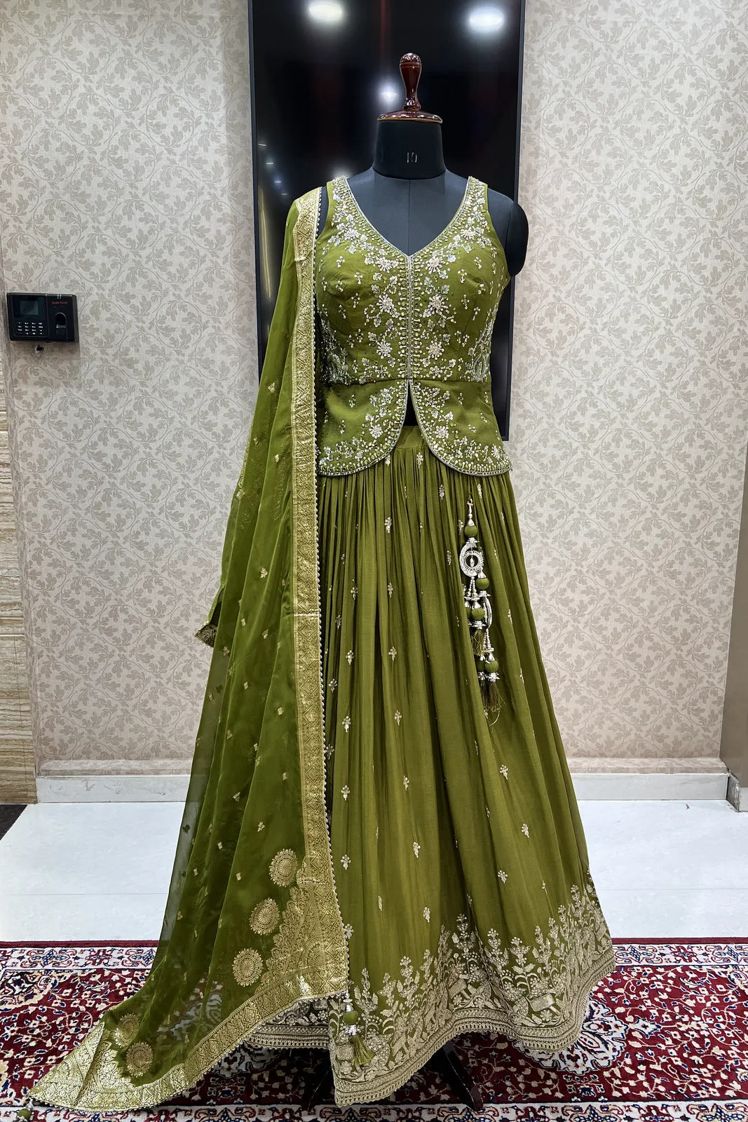 Mehendi Green Sequins, Beads, Mirror, Banaras and Stone work Peplum Style Lehenga