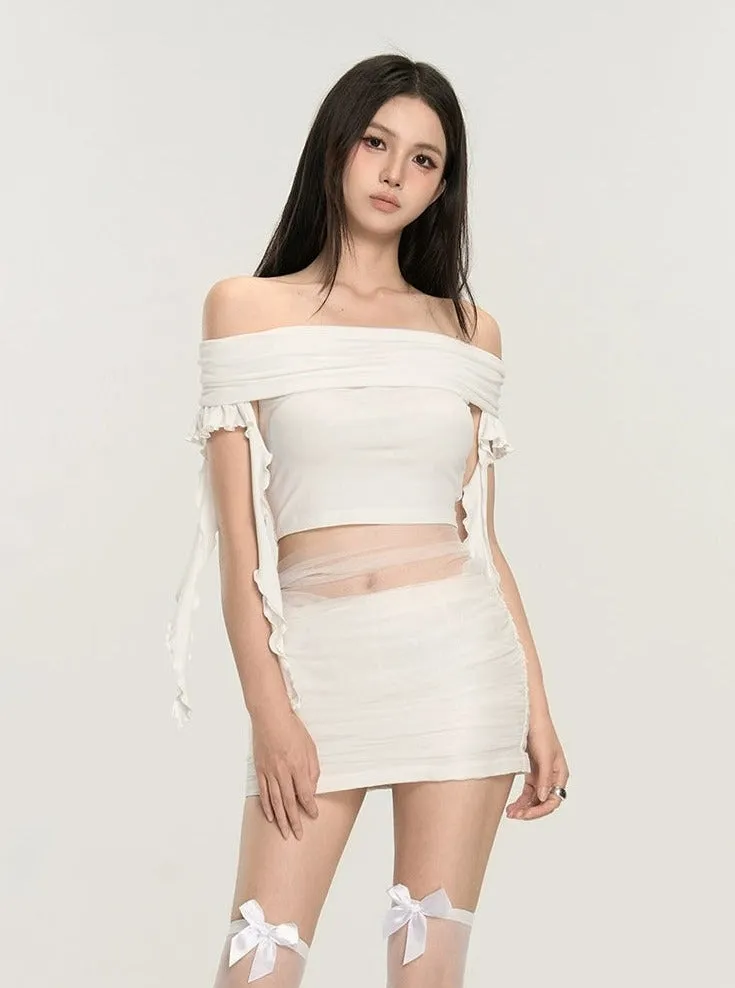 Off-Shoulder Ruched Crop Top with Tie Sleeves