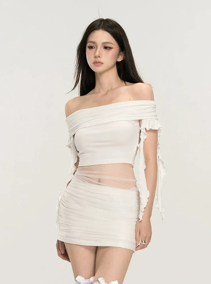 Off-Shoulder Ruched Crop Top with Tie Sleeves