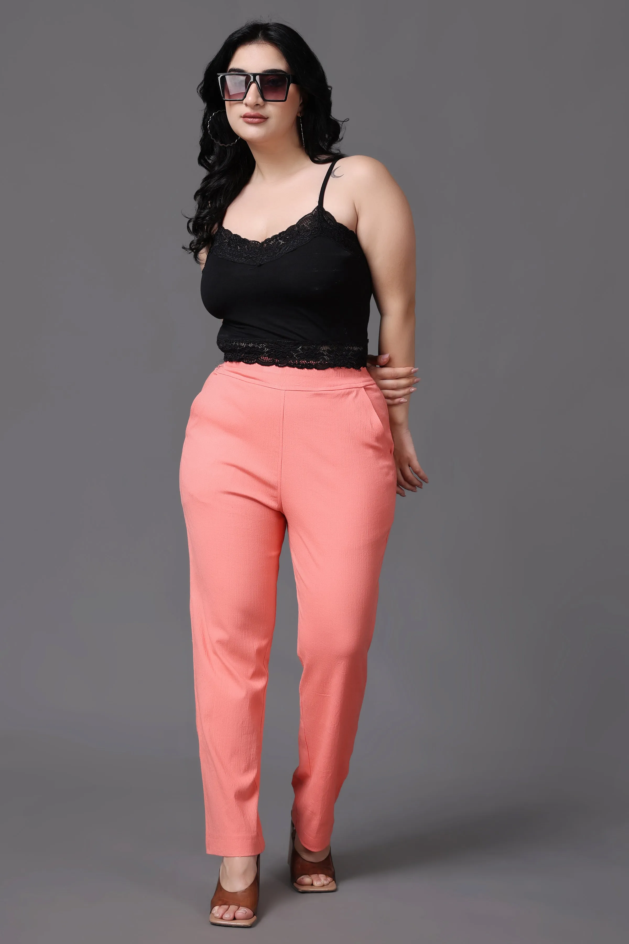 Peach Lycra Slub Pants