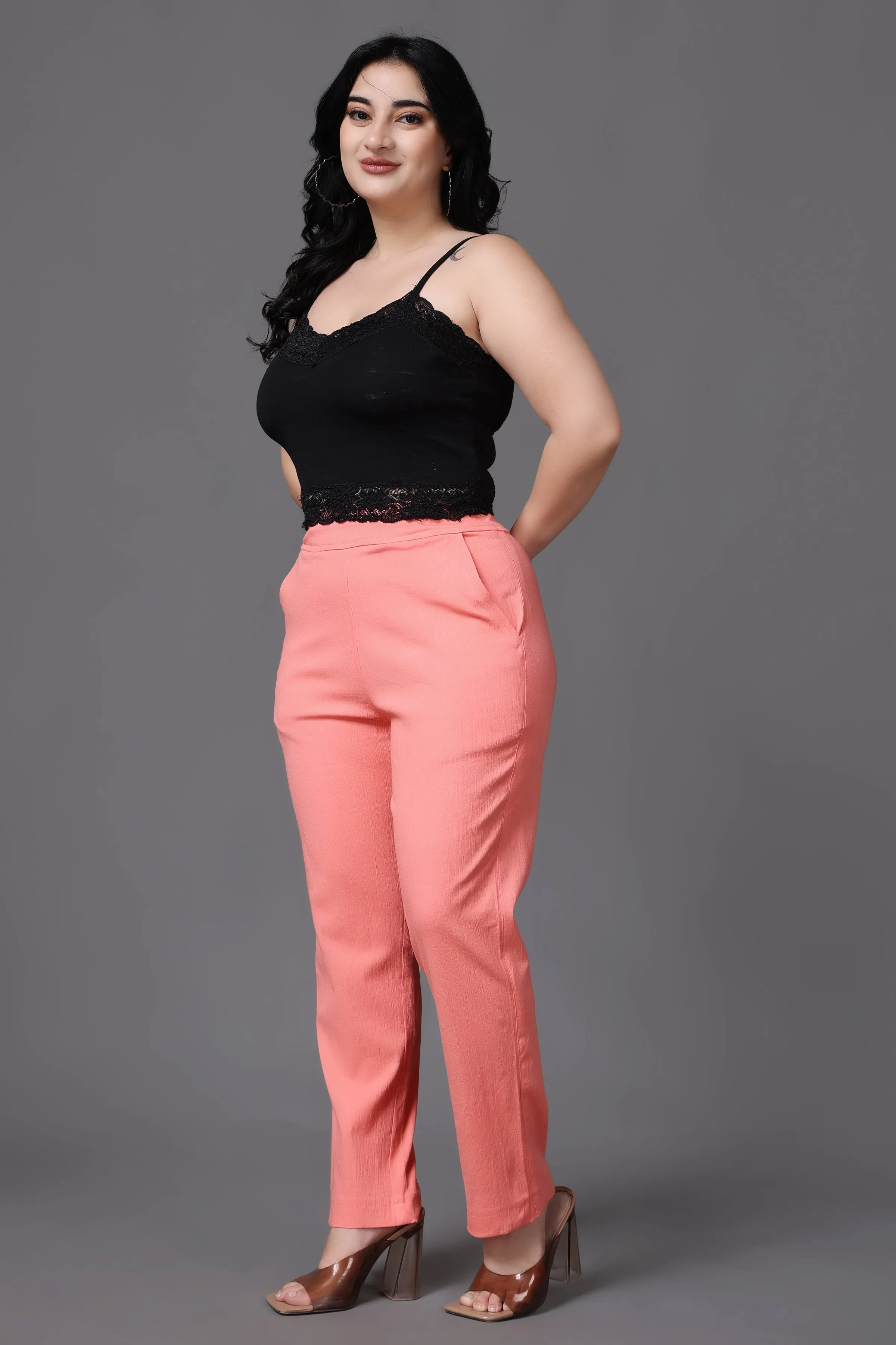 Peach Lycra Slub Pants