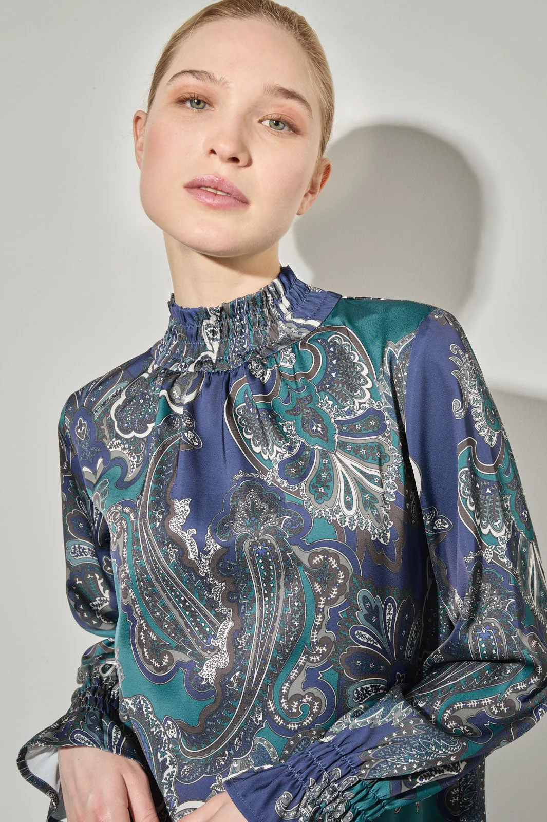 Printed Paisley Smocked Trim Charmeuse Blouse