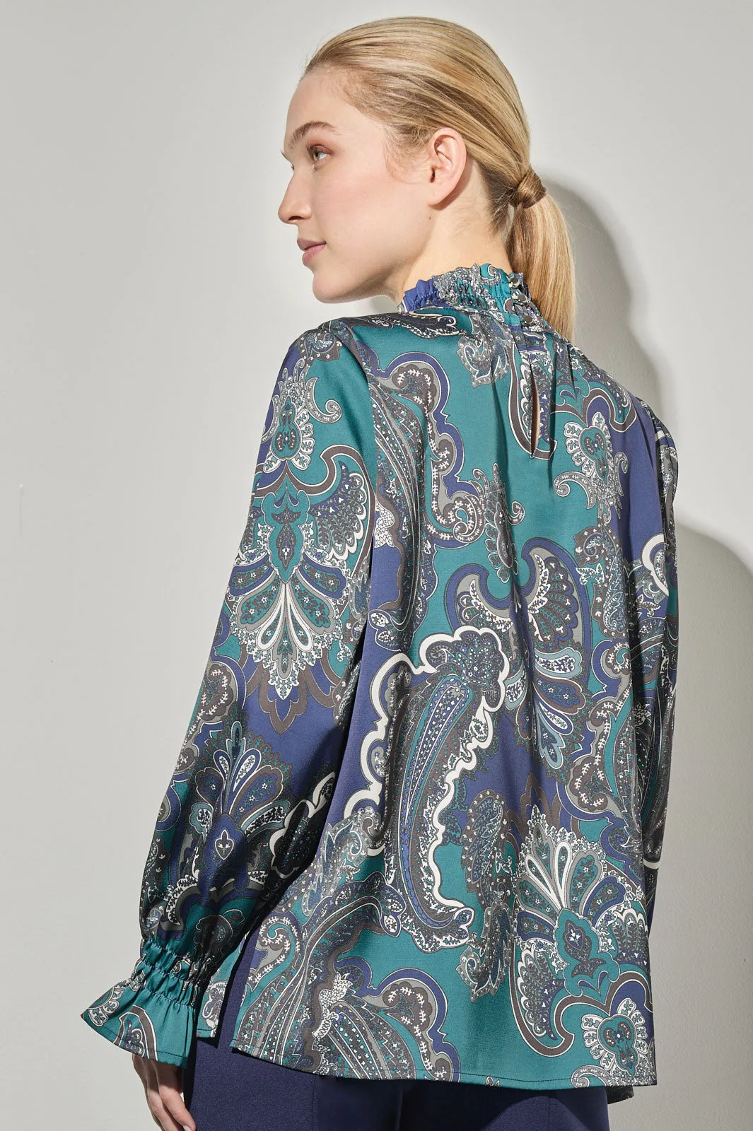 Printed Paisley Smocked Trim Charmeuse Blouse