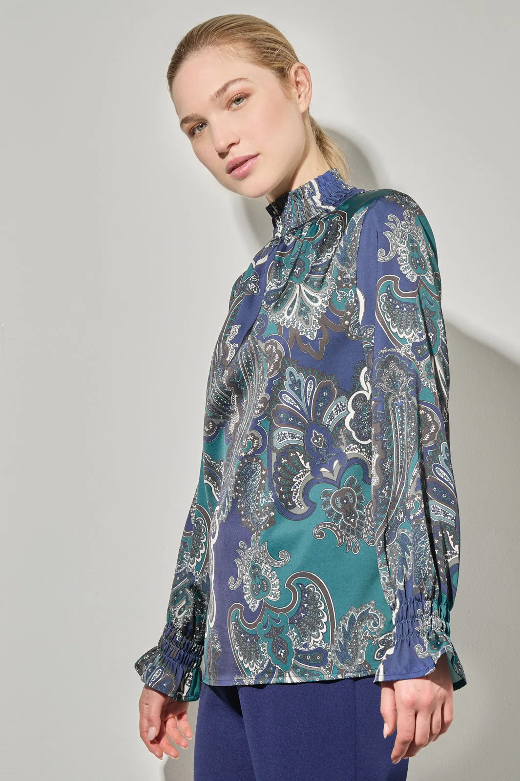 Printed Paisley Smocked Trim Charmeuse Blouse