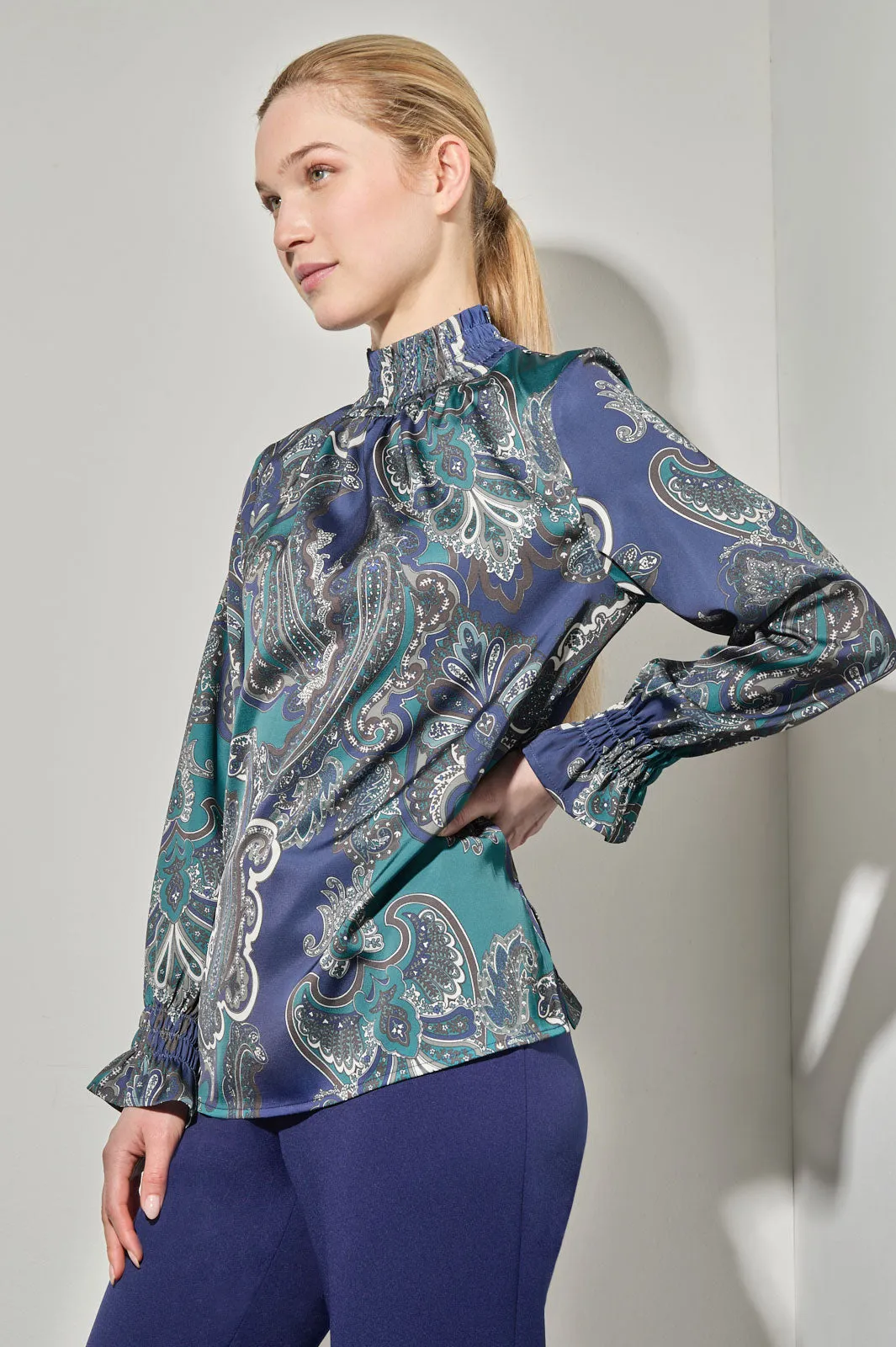 Printed Paisley Smocked Trim Charmeuse Blouse