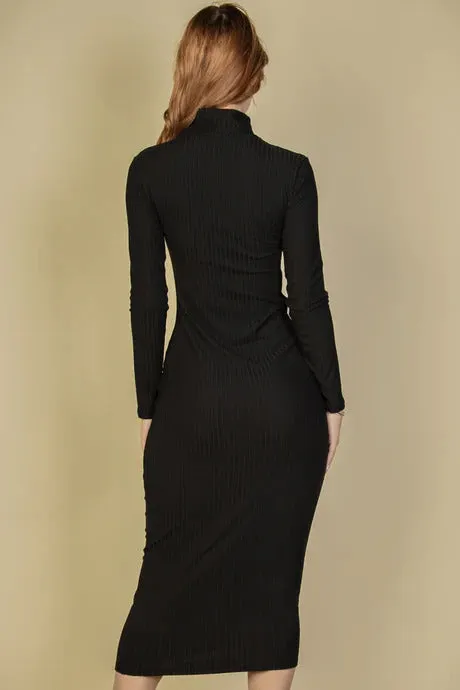 Ribbed Bodycon Midi Dress with Long Sleeves