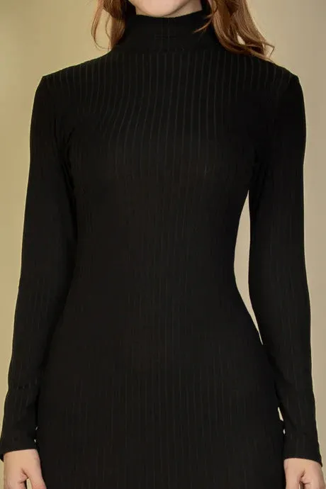 Ribbed Bodycon Midi Dress with Long Sleeves