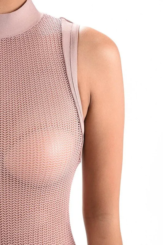 THE MYSTYLEMODE LIGHT MAUVE NETTED MOCK NECK SLEEVELESS BODYSUIT