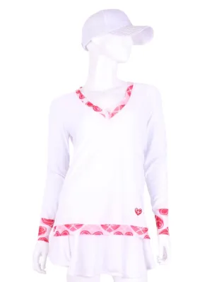 White Long Sleeve Very Vee Tee with Heart Trim