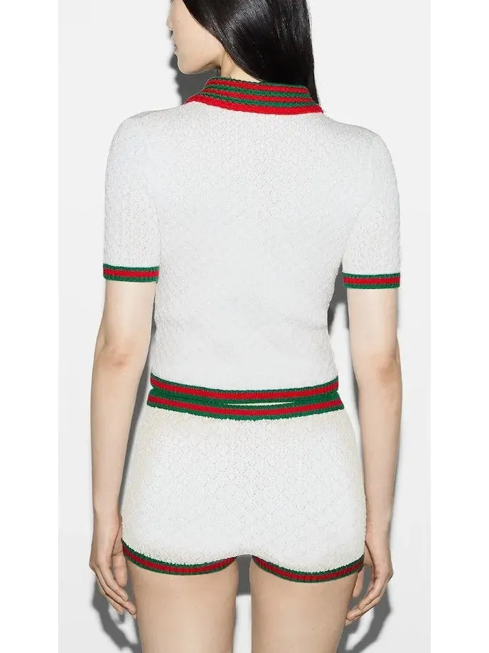 Women’s Cotton Lace Polo T-Shirt with Red and Green Crochet Trim