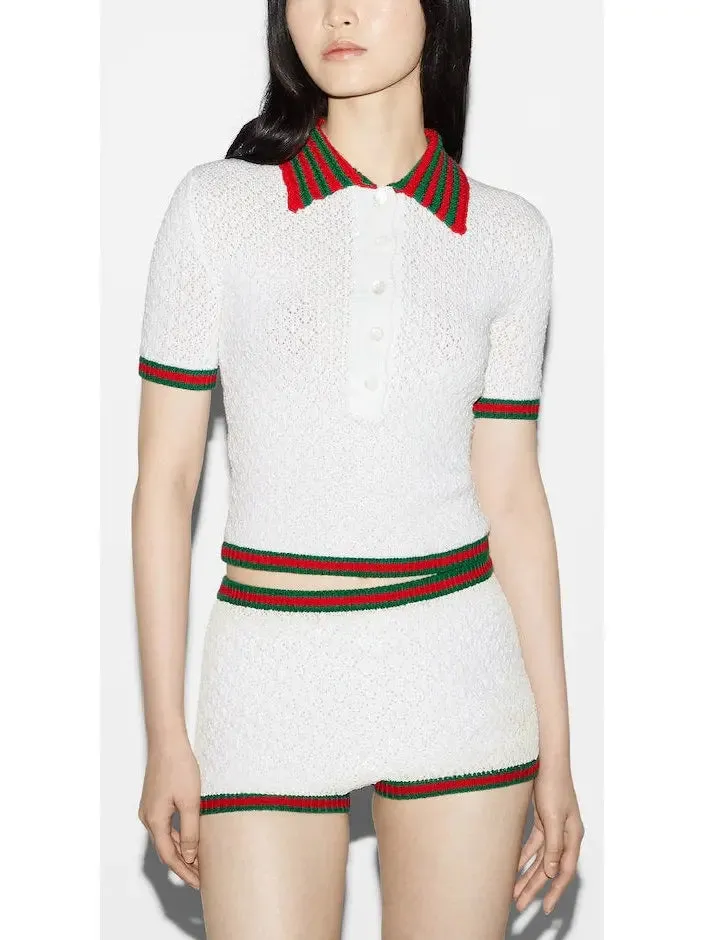 Women’s Cotton Lace Polo T-Shirt with Red and Green Crochet Trim