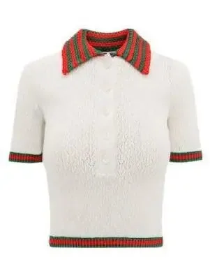 Women’s Cotton Lace Polo T-Shirt with Red and Green Crochet Trim