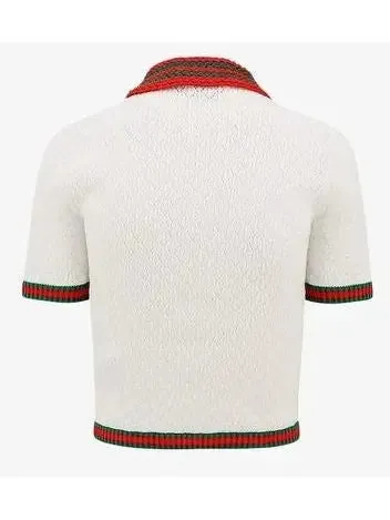 Women’s Cotton Lace Polo T-Shirt with Red and Green Crochet Trim